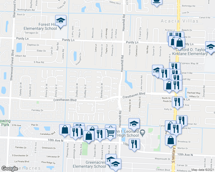 map of restaurants, bars, coffee shops, grocery stores, and more near 2653 Barkley Drive East in West Palm Beach