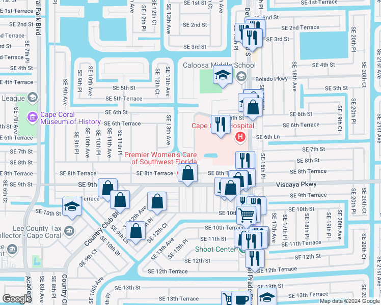 map of restaurants, bars, coffee shops, grocery stores, and more near 1308 Southeast 7th Street in Cape Coral