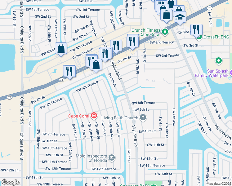 map of restaurants, bars, coffee shops, grocery stores, and more near 610 Southwest 8th Court in Cape Coral