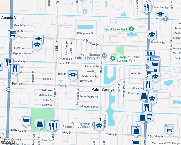 map of restaurants, bars, coffee shops, grocery stores, and more near 329 East Lake Road in Palm Springs
