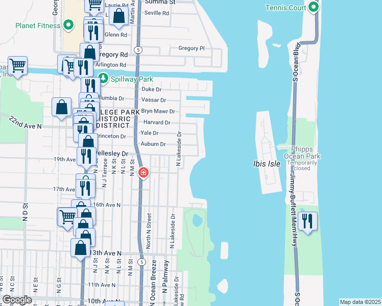 map of restaurants, bars, coffee shops, grocery stores, and more near 8 Wellesley Drive in Lake Worth