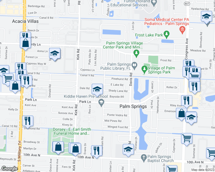 map of restaurants, bars, coffee shops, grocery stores, and more near 357 East Lake Road in Palm Springs