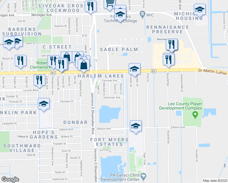 map of restaurants, bars, coffee shops, grocery stores, and more near 2166 Davis Court in Fort Myers