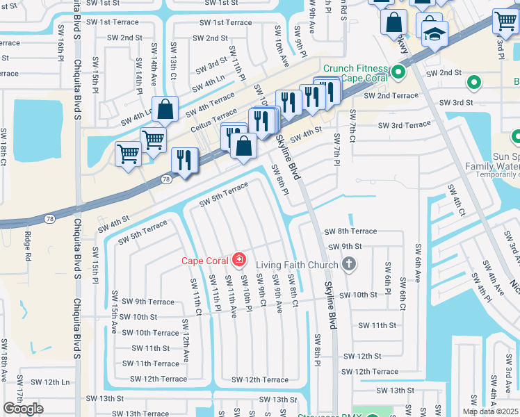 map of restaurants, bars, coffee shops, grocery stores, and more near 609 SW 9th Ave in Cape Coral