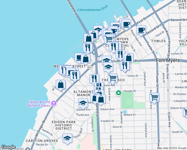 map of restaurants, bars, coffee shops, grocery stores, and more near 2110 Cleveland Avenue in Fort Myers