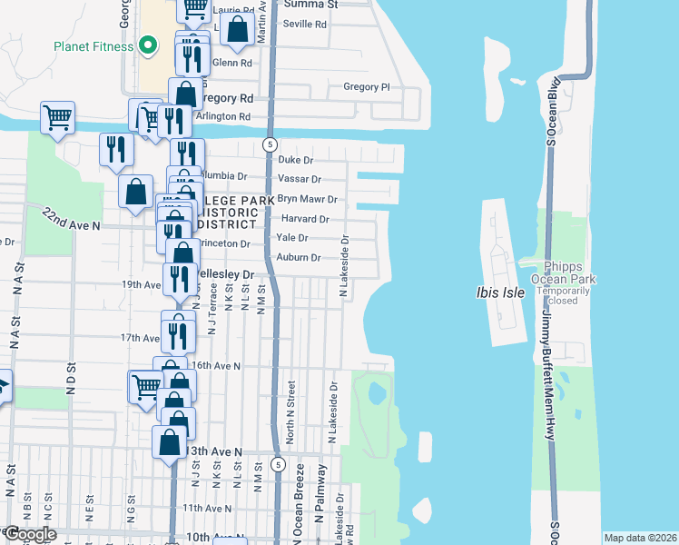 map of restaurants, bars, coffee shops, grocery stores, and more near 1901 North Lakeside Drive in Lake Worth