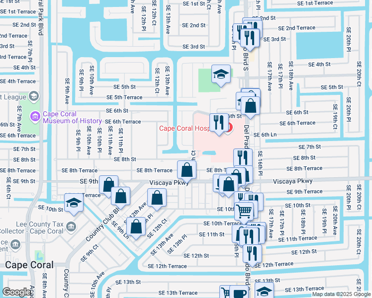 map of restaurants, bars, coffee shops, grocery stores, and more near 1308 Southeast 7th Street in Cape Coral