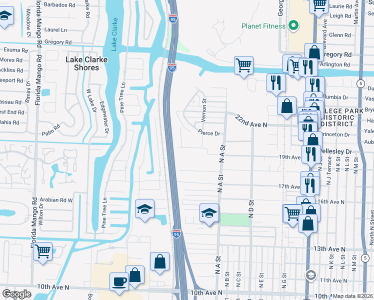 map of restaurants, bars, coffee shops, grocery stores, and more near 1825 Lake Cove Drive in Lake Worth