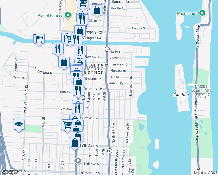 map of restaurants, bars, coffee shops, grocery stores, and more near 182 Wellesley Drive in Lake Worth