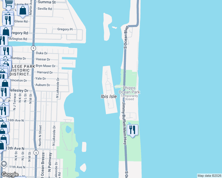 map of restaurants, bars, coffee shops, grocery stores, and more near 2244 Ibis Isle Road West in Palm Beach