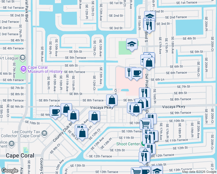 map of restaurants, bars, coffee shops, grocery stores, and more near 1308 Southeast 7th Street in Cape Coral