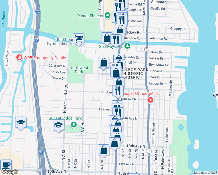 map of restaurants, bars, coffee shops, grocery stores, and more near 1124 19th Avenue North in Lake Worth