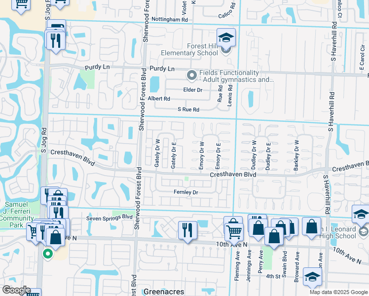 map of restaurants, bars, coffee shops, grocery stores, and more near 2633 Emory Drive West in West Palm Beach