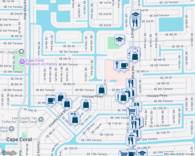 map of restaurants, bars, coffee shops, grocery stores, and more near 1308 Southeast 7th Street in Cape Coral