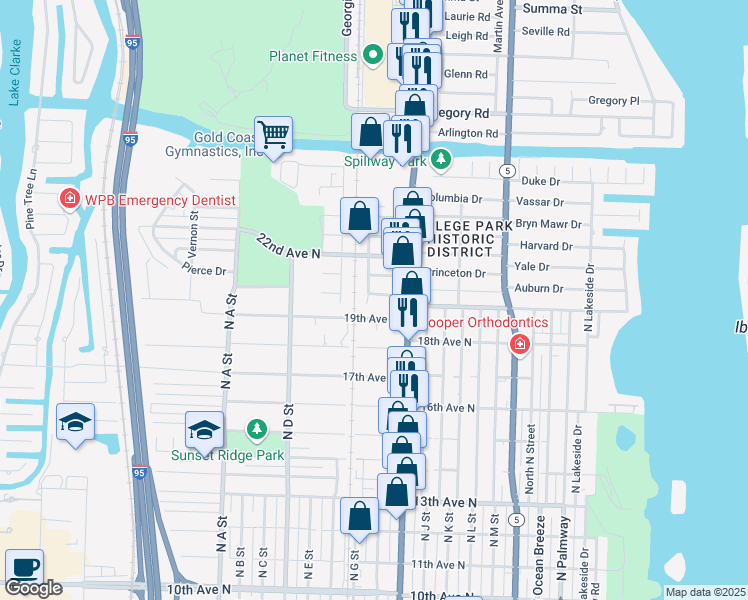 map of restaurants, bars, coffee shops, grocery stores, and more near 1124 19th Avenue North in Lake Worth