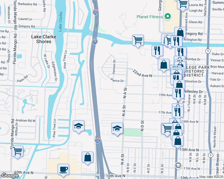 map of restaurants, bars, coffee shops, grocery stores, and more near 1825 Lake Cove Drive in Lake Worth