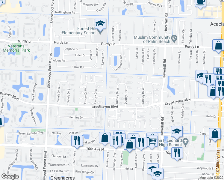 map of restaurants, bars, coffee shops, grocery stores, and more near 2677 Dudley Drive West in West Palm Beach