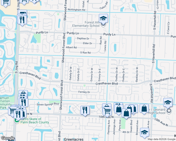 map of restaurants, bars, coffee shops, grocery stores, and more near 2633 Emory Drive West in West Palm Beach