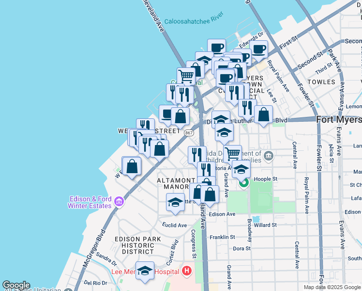 map of restaurants, bars, coffee shops, grocery stores, and more near 2061 McGregor Boulevard in Fort Myers
