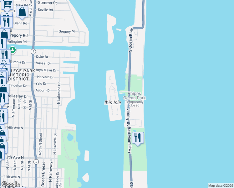 map of restaurants, bars, coffee shops, grocery stores, and more near 2244 Ibis Isle Road West in Palm Beach