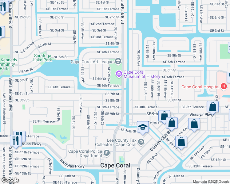 map of restaurants, bars, coffee shops, grocery stores, and more near 707 Southeast 7th Street in Cape Coral