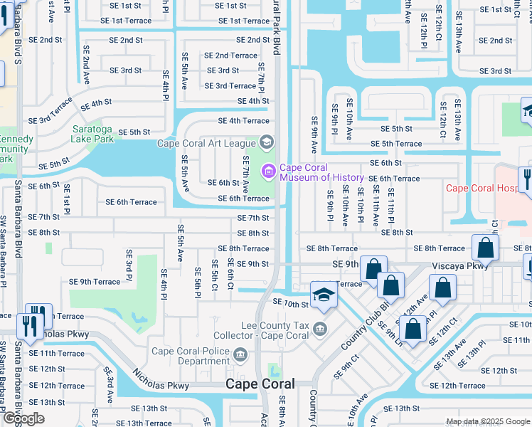 map of restaurants, bars, coffee shops, grocery stores, and more near 713 Southeast 7th Street in Cape Coral