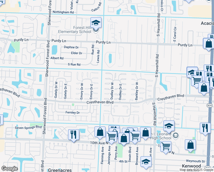 map of restaurants, bars, coffee shops, grocery stores, and more near 2677 Dudley Drive West in West Palm Beach
