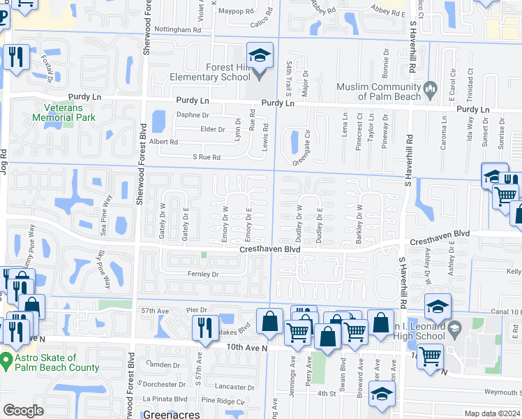 map of restaurants, bars, coffee shops, grocery stores, and more near 2622 Emory Drive West in West Palm Beach