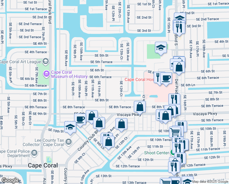 map of restaurants, bars, coffee shops, grocery stores, and more near 1223 Southeast 8th Street in Cape Coral