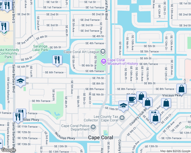 map of restaurants, bars, coffee shops, grocery stores, and more near 620 Southeast 7th Street in Cape Coral