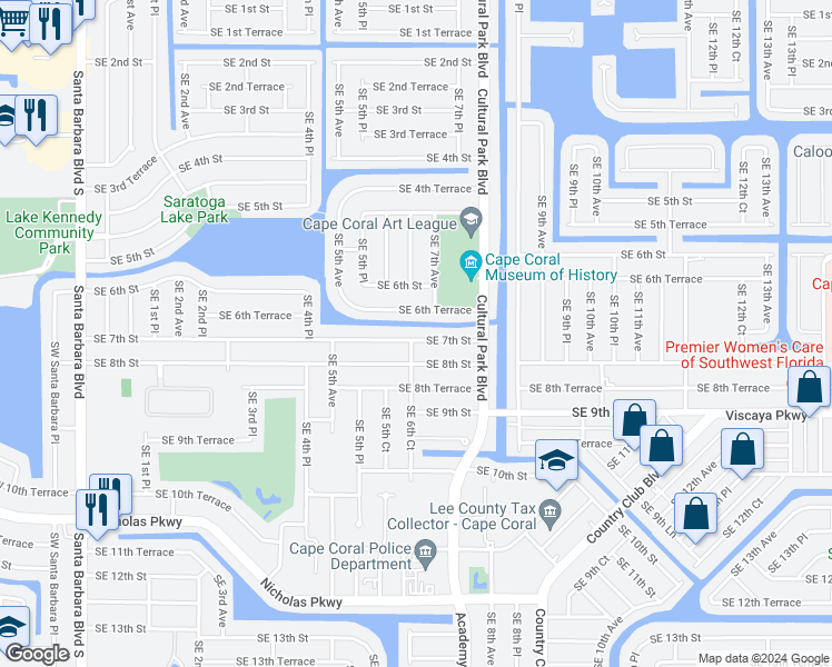 map of restaurants, bars, coffee shops, grocery stores, and more near 546 Southeast 7th Street in Cape Coral