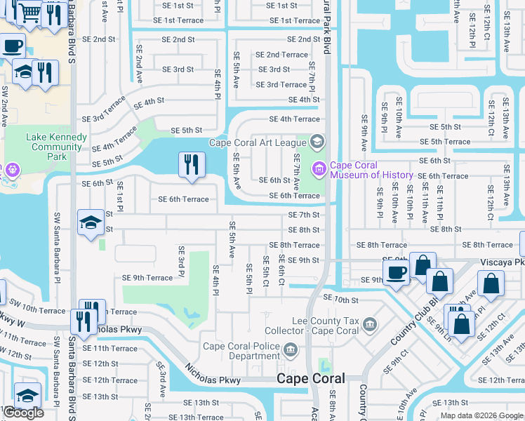 map of restaurants, bars, coffee shops, grocery stores, and more near 524 Southeast 7th Street in Cape Coral