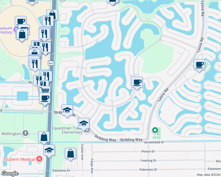 map of restaurants, bars, coffee shops, grocery stores, and more near 2937 Payson Way in Wellington