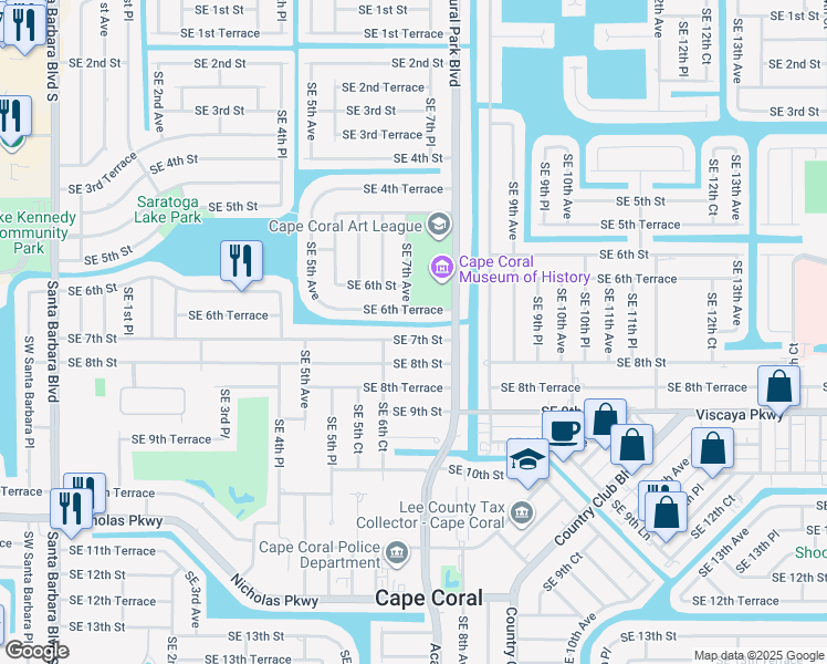 map of restaurants, bars, coffee shops, grocery stores, and more near 620 Southeast 7th Street in Cape Coral