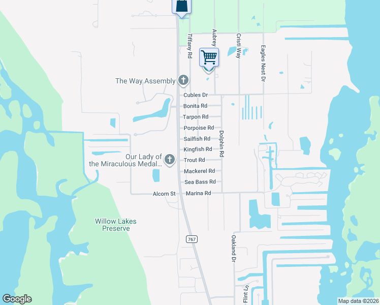map of restaurants, bars, coffee shops, grocery stores, and more near 5904 Trout Road in Bokeelia