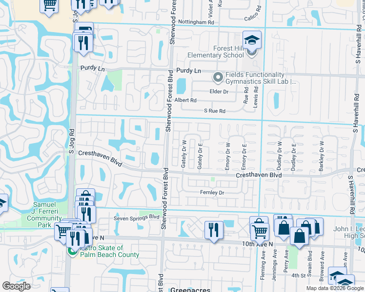 map of restaurants, bars, coffee shops, grocery stores, and more near 2641 Gately Drive East in West Palm Beach