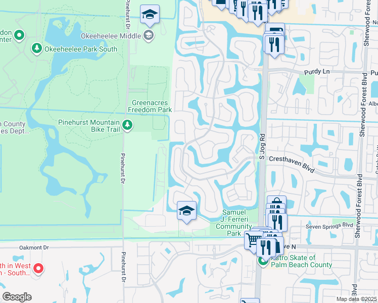 map of restaurants, bars, coffee shops, grocery stores, and more near 104 Cove Road in Greenacres