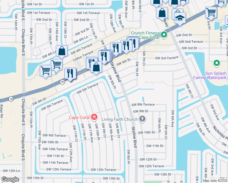 map of restaurants, bars, coffee shops, grocery stores, and more near 610 Southwest 8th Court in Cape Coral