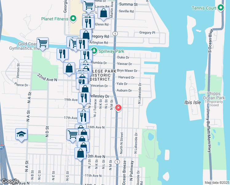 map of restaurants, bars, coffee shops, grocery stores, and more near 182 Wellesley Drive in Lake Worth