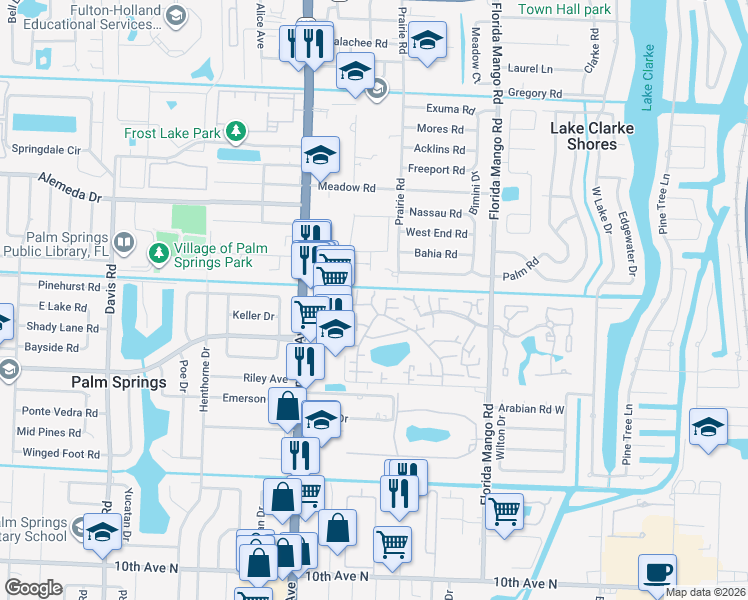 map of restaurants, bars, coffee shops, grocery stores, and more near 356 Lake Arbor Drive in Palm Springs