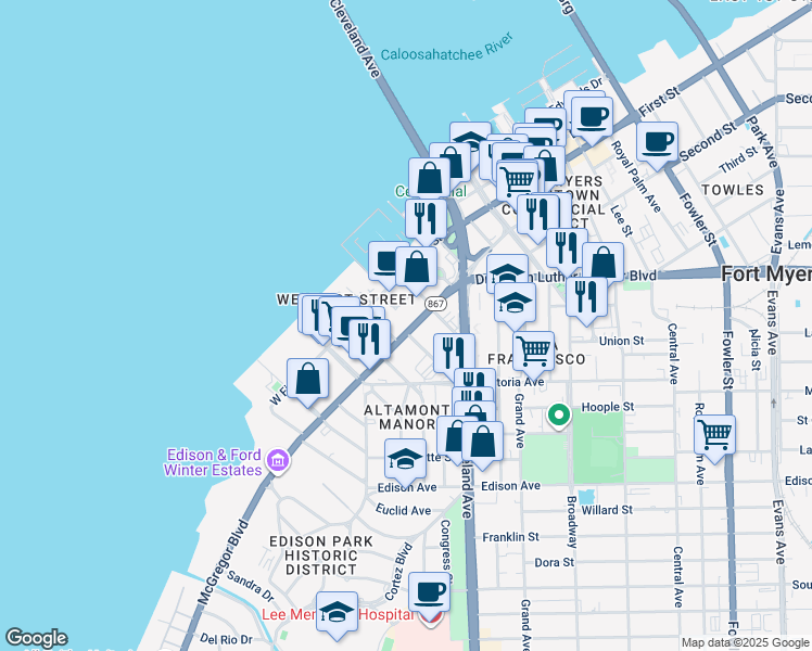 map of restaurants, bars, coffee shops, grocery stores, and more near 2061 McGregor Boulevard in Fort Myers