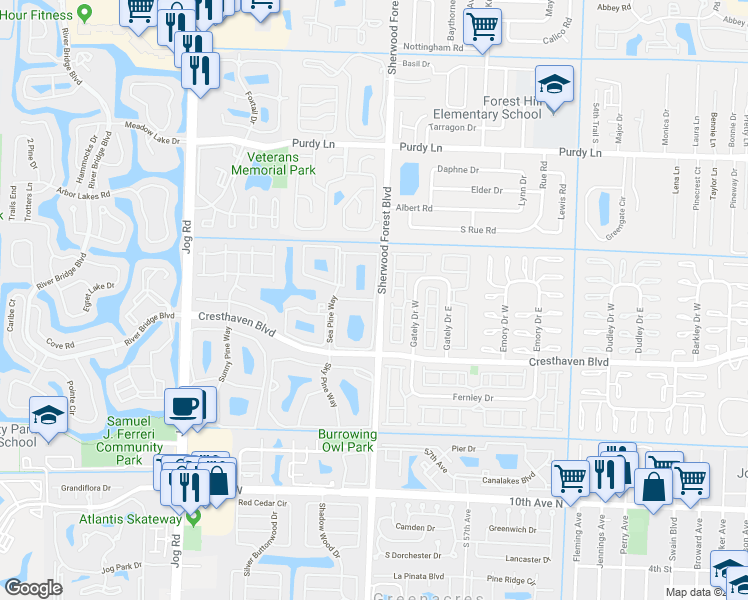 map of restaurants, bars, coffee shops, grocery stores, and more near 628 Sea Pine Way in Greenacres