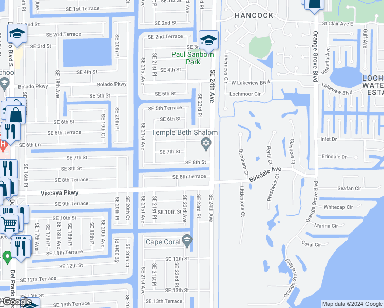 map of restaurants, bars, coffee shops, grocery stores, and more near 2318 Southeast 8th Street in Cape Coral