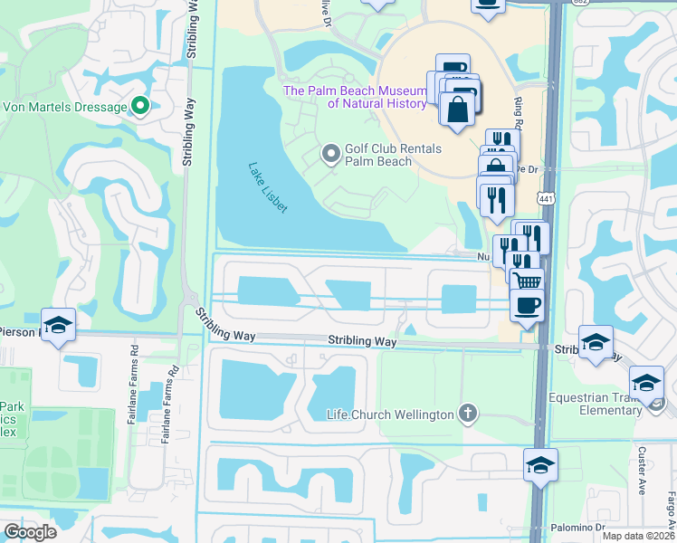 map of restaurants, bars, coffee shops, grocery stores, and more near 10760 Pisa Road in Wellington