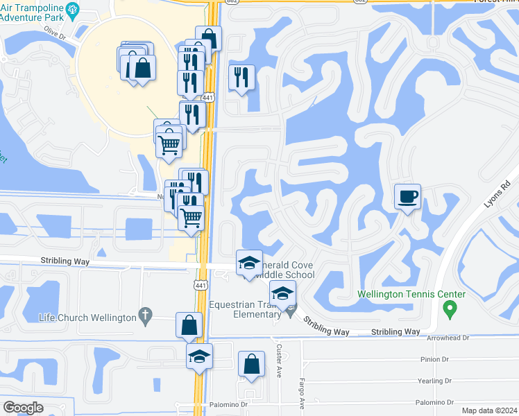 map of restaurants, bars, coffee shops, grocery stores, and more near 2719 Shaughnessy Drive in Wellington