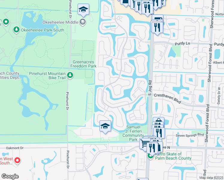 map of restaurants, bars, coffee shops, grocery stores, and more near 2551 Egret Lake Drive in Greenacres