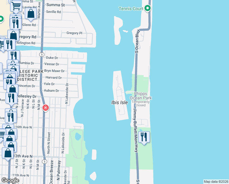 map of restaurants, bars, coffee shops, grocery stores, and more near 2244 Ibis Isle Road West in Palm Beach