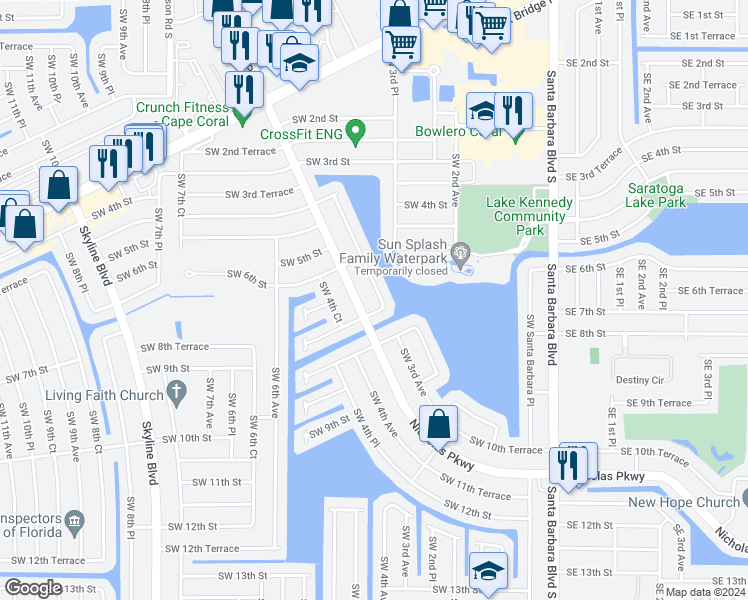 map of restaurants, bars, coffee shops, grocery stores, and more near 710 Southwest 3rd Court in Cape Coral