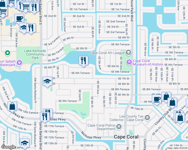 map of restaurants, bars, coffee shops, grocery stores, and more near 621 Southeast 4th Place in Cape Coral