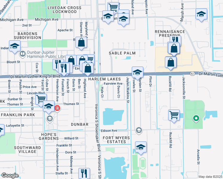 map of restaurants, bars, coffee shops, grocery stores, and more near 3637 Fairview Avenue in Fort Myers